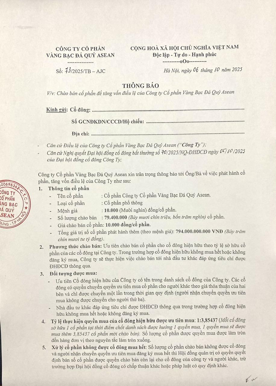 Thông báo v/v: Chào bán cổ phần để tăng vốn điều lệ Công ty Cổ phần Vàng bạc Đá quý Asean
